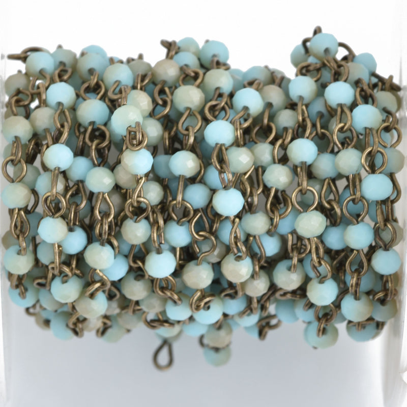 1 yard Blue Green Crystal Rosary Chain, bronze wire, MATTE 4mm rondelle faceted crystal beads, fch0588a