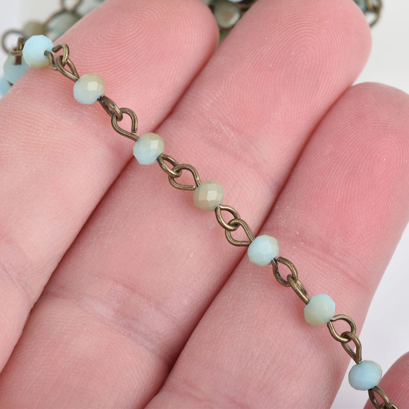 1 yard Blue Green Crystal Rosary Chain, bronze wire, MATTE 4mm rondelle faceted crystal beads, fch0588a