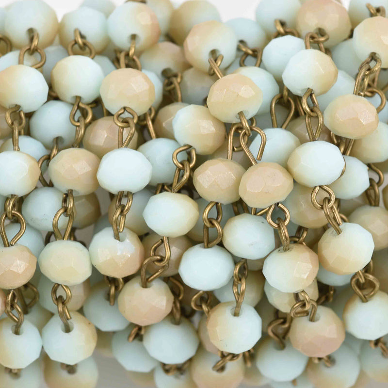 3 feet (1 yard) Pale Blue and Tan Crystal Rosary Chain, bronze wire, 6mm matte rondelle faceted crystal beads, fch0688a