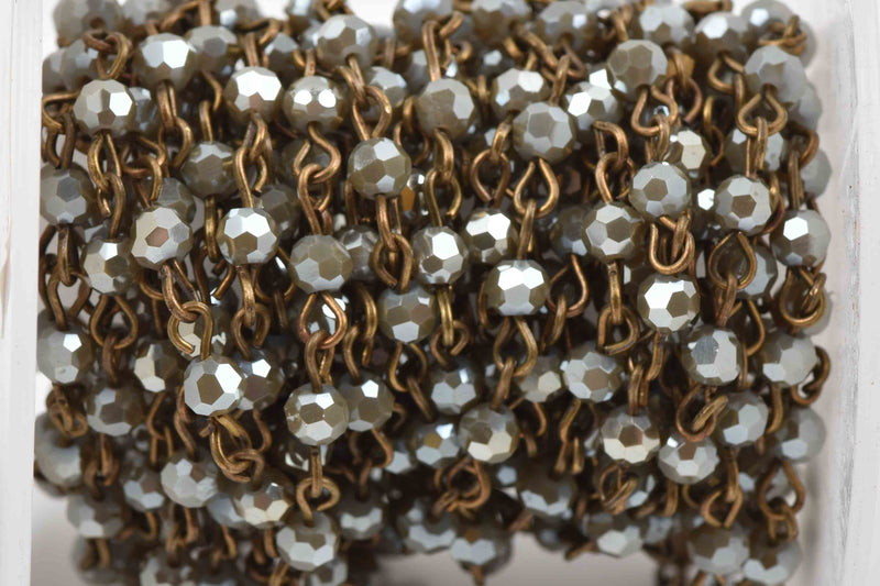 13 feet (4.33 yards) DARK MUSHROOM Grey Crystal Rosary Chain, bronze links, 4mm round faceted crystal bead chain, fch0610b