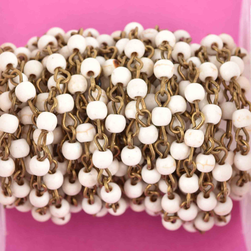 1 yard WHITE Howlite Rosary Chain, bronze links, 4mm round stone beads, fch0615a