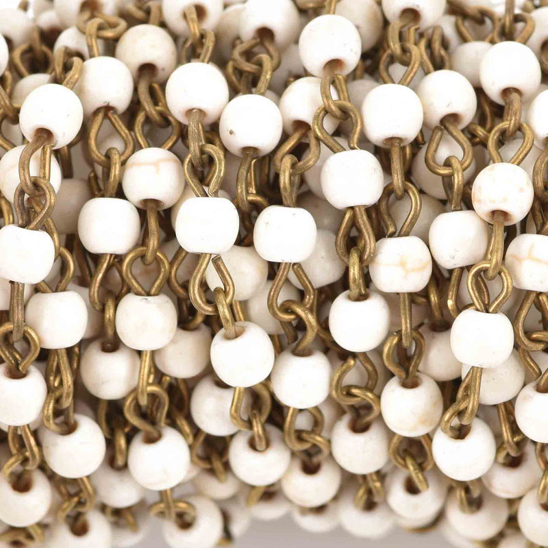 1 yard WHITE Howlite Rosary Chain, bronze links, 4mm round stone beads, fch0615a
