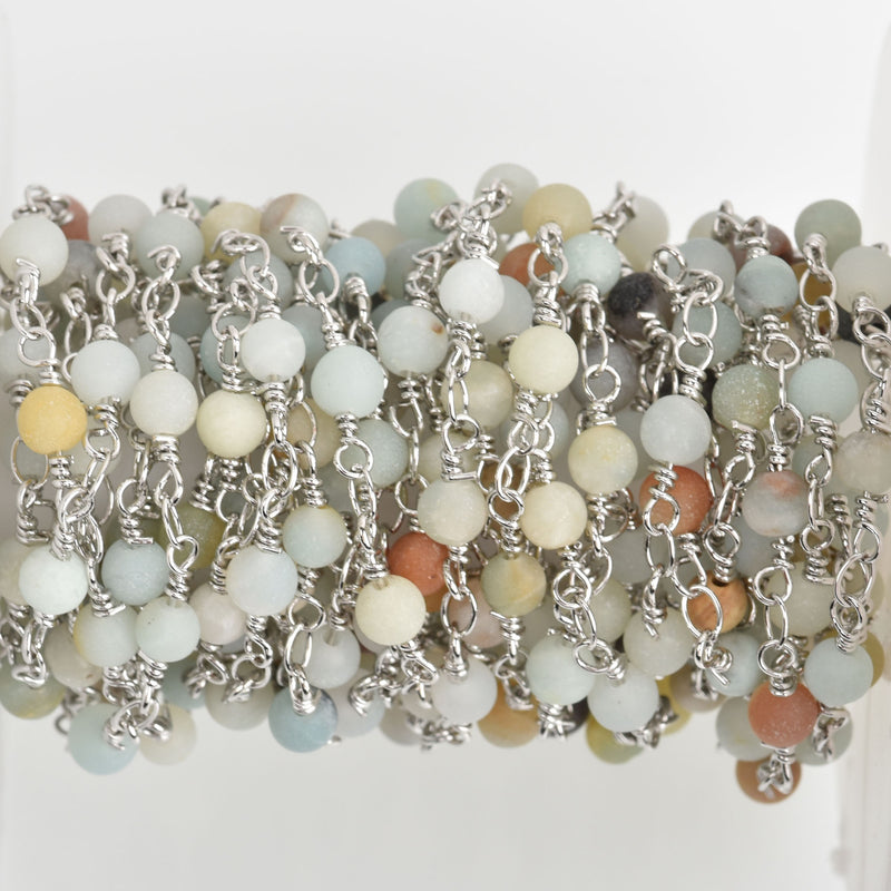 3 feet (1 yard)) AMAZONITE GEMSTONE Rosary Chain, silver, 4mm round gemstone beads, fch0616a
