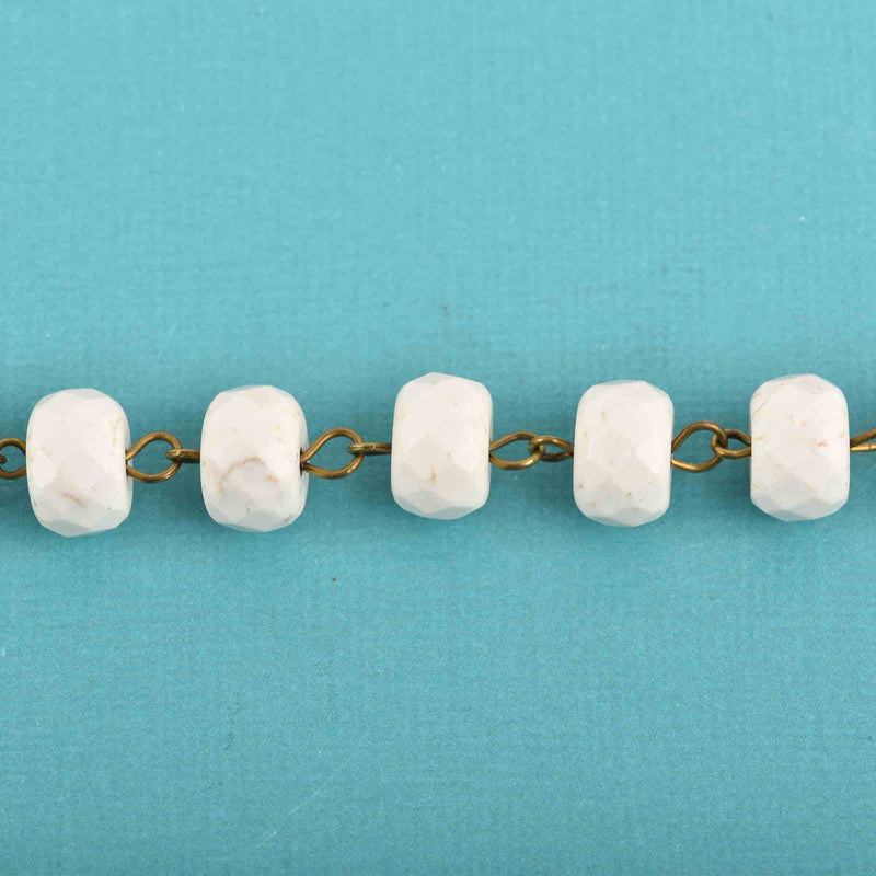 1 yard WHITE Howlite Rosary Chain, bronze wire links, 12mm RONDELLE stone bead chain, fch0621a