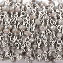 5 yards GREY Crystal Rosary Bead Chain, silver double wrapped wire, 4mm faceted rondelle glass beads, fch0625b