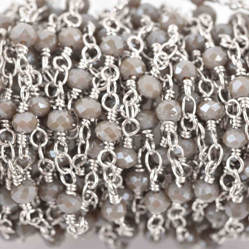 5 yards GREY Crystal Rosary Bead Chain, silver double wrapped wire, 4mm faceted rondelle glass beads, fch0625b