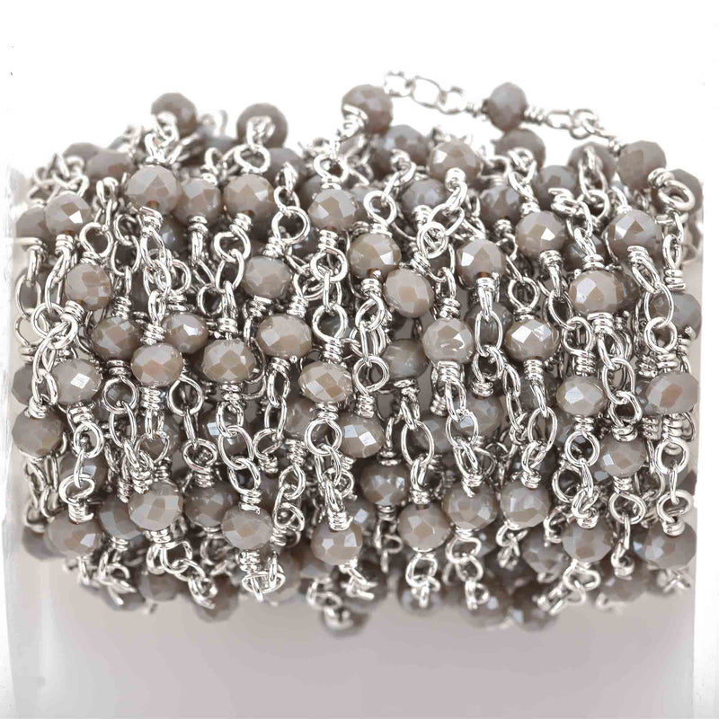 5 yards GREY Crystal Rosary Bead Chain, silver double wrapped wire, 4mm faceted rondelle glass beads, fch0625b