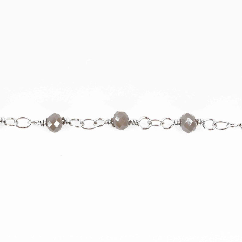 5 yards GREY Crystal Rosary Bead Chain, silver double wrapped wire, 4mm faceted rondelle glass beads, fch0625b