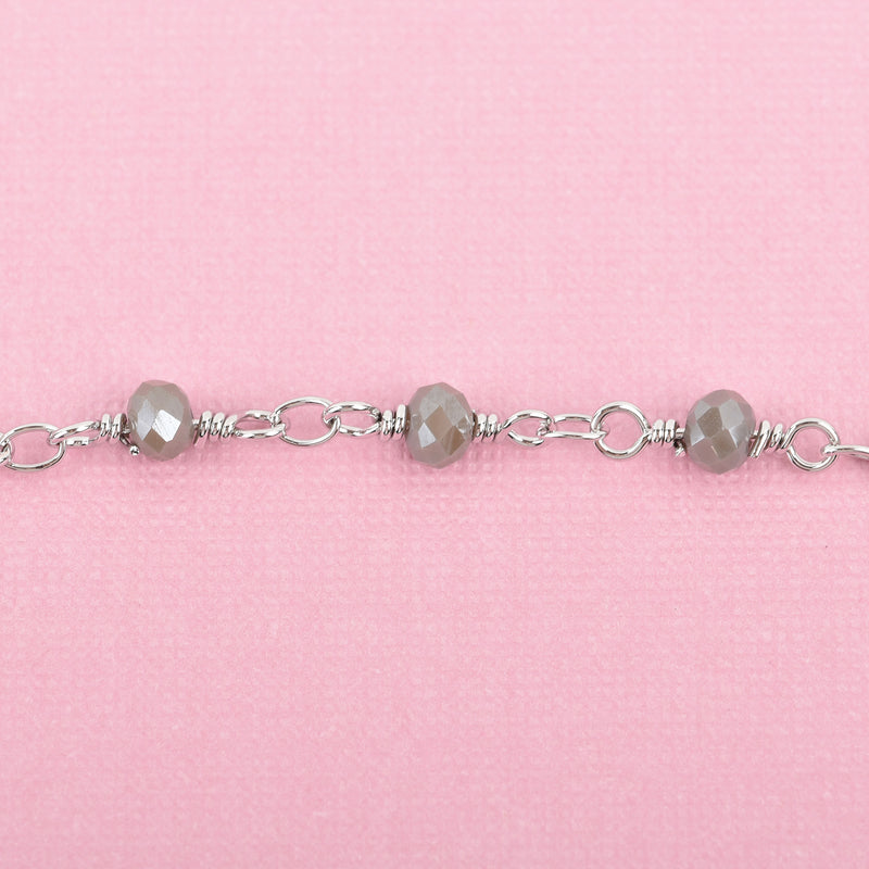 5 yards GREY Crystal Rosary Bead Chain, silver double wrapped wire, 4mm faceted rondelle glass beads, fch0625b