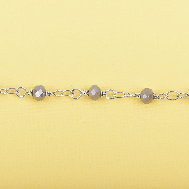 5 yards GREY Crystal Rosary Bead Chain, silver double wrapped wire, 4mm faceted rondelle glass beads, fch0625b