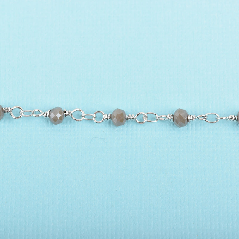 5 yards GREY Crystal Rosary Bead Chain, silver double wrapped wire, 4mm faceted rondelle glass beads, fch0625b