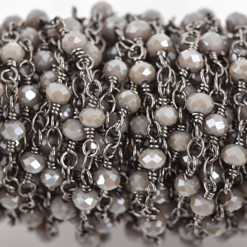 5 yards CHARCOAL GREY Crystal Rosary Bead Chain, gunmetal double wrapped wire, 4mm faceted rondelle glass beads, fch0626b