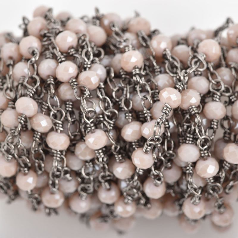 1 yard BLUSH Crystal Rosary Bead Chain, gunmetal double wrapped wire, 4mm faceted rondelle glass beads, fch0627a