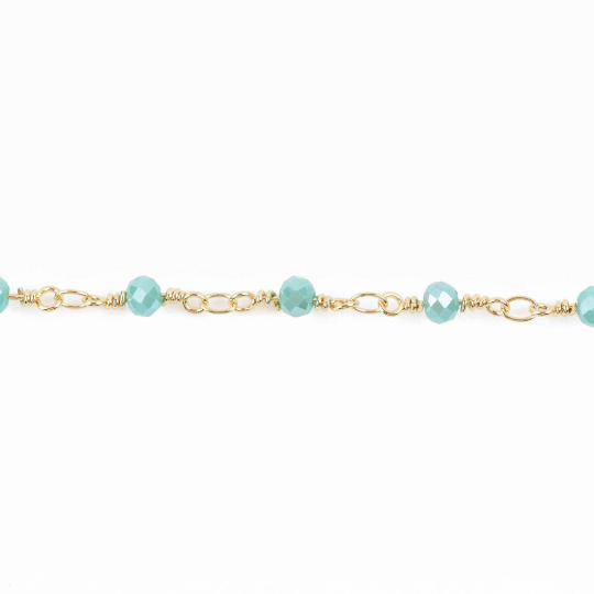1 yard MINT GREEN Crystal Rosary Bead Chain, gold double wrapped wire, 4mm faceted rondelle glass beads, fch0628a
