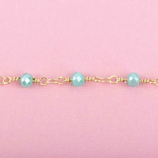 1 yard MINT GREEN Crystal Rosary Bead Chain, gold double wrapped wire, 4mm faceted rondelle glass beads, fch0628a