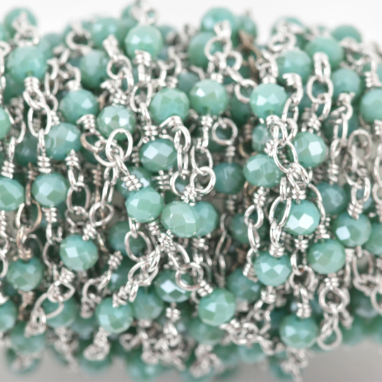 1 yard MINT GREEN Crystal Rosary Bead Chain, silver double wrapped wire, 4mm faceted rondelle glass beads, fch0629a