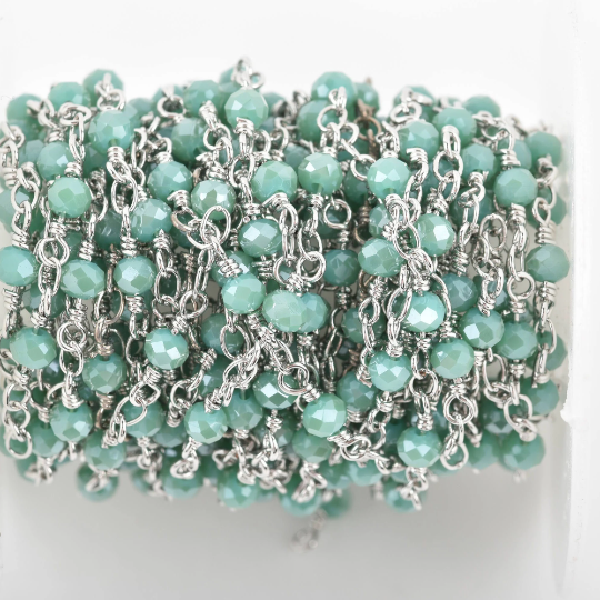 1 yard MINT GREEN Crystal Rosary Bead Chain, silver double wrapped wire, 4mm faceted rondelle glass beads, fch0629a