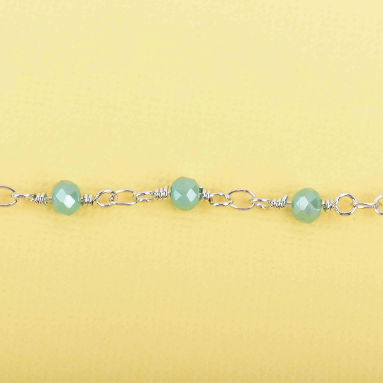 1 yard MINT GREEN Crystal Rosary Bead Chain, silver double wrapped wire, 4mm faceted rondelle glass beads, fch0629a