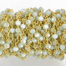 1 yard LIGHT BLUE Crystal Rosary Bead Chain, gold double wrapped wire, 4mm faceted rondelle glass beads, fch0630a
