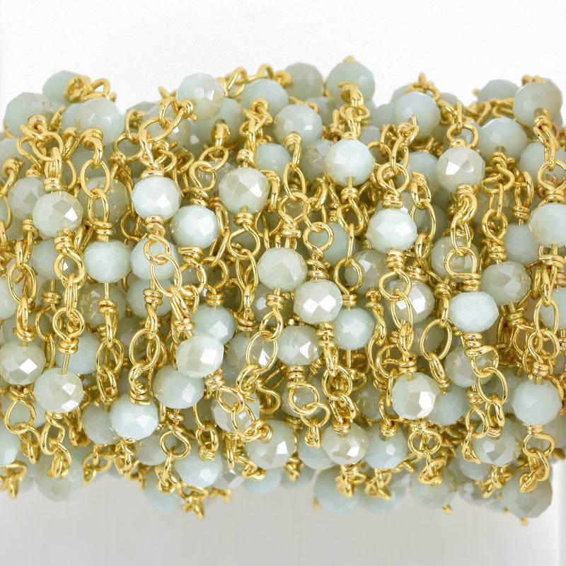 1 yard LIGHT BLUE Crystal Rosary Bead Chain, gold double wrapped wire, 4mm faceted rondelle glass beads, fch0630a