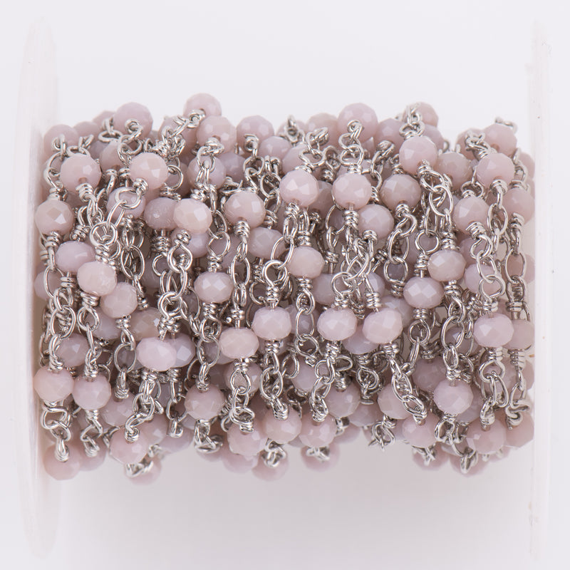 1 yard BLUSH Crystal Rosary Bead Chain, silver double wrapped wire, 4mm faceted rondelle glass beads, fch0631a
