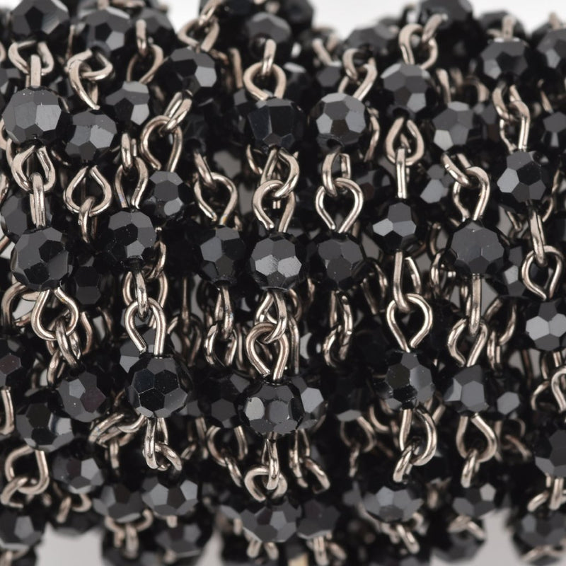 1 yard Black Crystal Rosary Chain, gunmetal, 4mm round faceted crystal beads, fch0636a