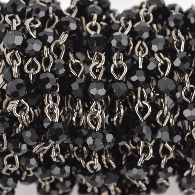 13 feet BLACK Crystal Rosary Chain, gunmetal links, 4mm round faceted crystal bead chain, fch0636b