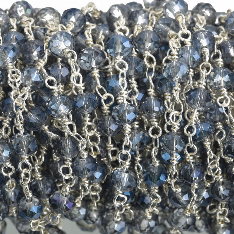 10 yards Light Mystic Blue AB Crystal Rondelle Rosary Chain, silver double wrap, 6mm faceted rondelle glass beads, fch0640b