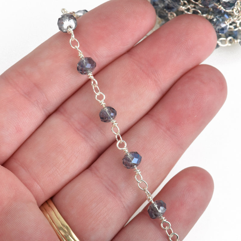 1 yard Light Mystic Blue AB Crystal Rondelle Rosary Chain, silver double wrap, 6mm faceted rondelle glass beads, fch0640a