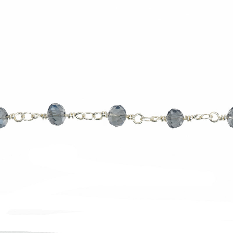 1 yard Light Mystic Blue AB Crystal Rondelle Rosary Chain, silver double wrap, 6mm faceted rondelle glass beads, fch0640a