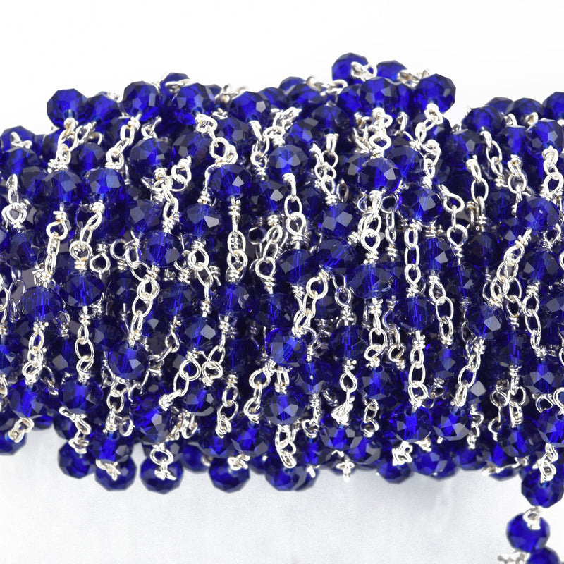 1 yard Royal Blue Crystal Rondelle Rosary Chain, silver double wrap, 6mm faceted rondelle transparent glass beads, fch0641a