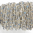 3 ft Light Mystic Blue AB Crystal Rondelle Rosary Chain, silver double wrap, 4mm faceted rondelle glass beads, fch0642a