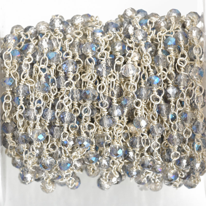 10 yards Light Mystic Blue AB Crystal Rondelle Rosary Chain, silver double wrap, 4mm faceted rondelle glass beads, fch0642b