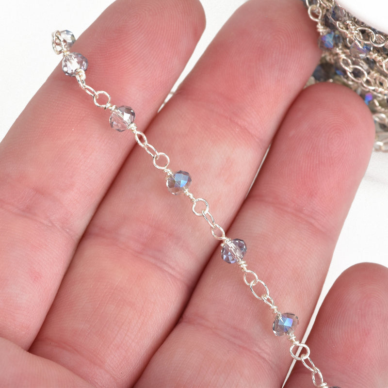 10 yards Light Mystic Blue AB Crystal Rondelle Rosary Chain, silver double wrap, 4mm faceted rondelle glass beads, fch0642b