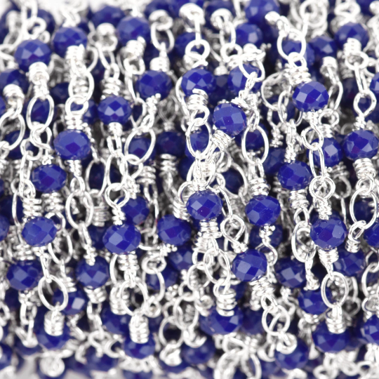 1 yard Royal Blue Crystal Rondelle Rosary Chain, silver double wrap, 4mm faceted OPAQUE rondelle glass beads, fch0643a