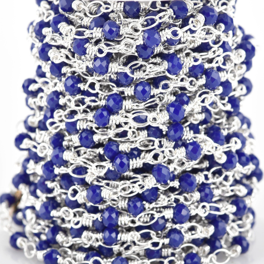 1 yard Royal Blue Crystal Rondelle Rosary Chain, silver double wrap, 4mm faceted OPAQUE rondelle glass beads, fch0643a