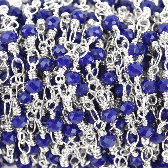 1 yard Royal Blue Crystal Rondelle Rosary Chain, silver double wrap, 4mm faceted OPAQUE rondelle glass beads, fch0643a