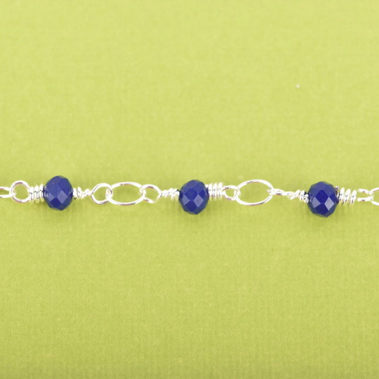 1 yard Royal Blue Crystal Rondelle Rosary Chain, silver double wrap, 4mm faceted OPAQUE rondelle glass beads, fch0643a