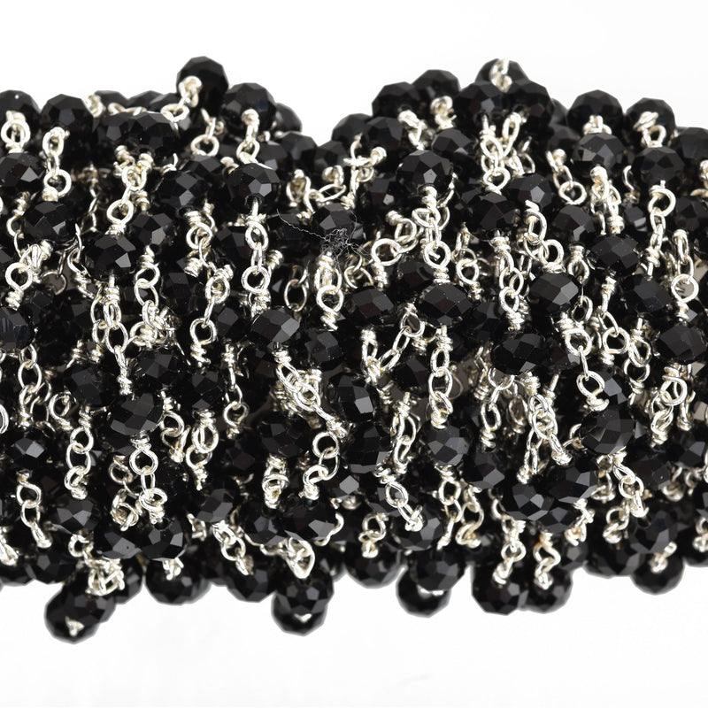 10 yards BLACK Crystal Rondelle Rosary Chain, silver double wrap, 6mm faceted rondelle opaque glass beads, fch0644b