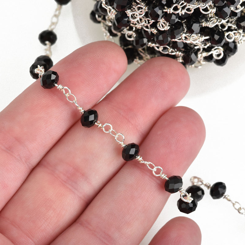 10 yards BLACK Crystal Rondelle Rosary Chain, silver double wrap, 6mm faceted rondelle opaque glass beads, fch0644b