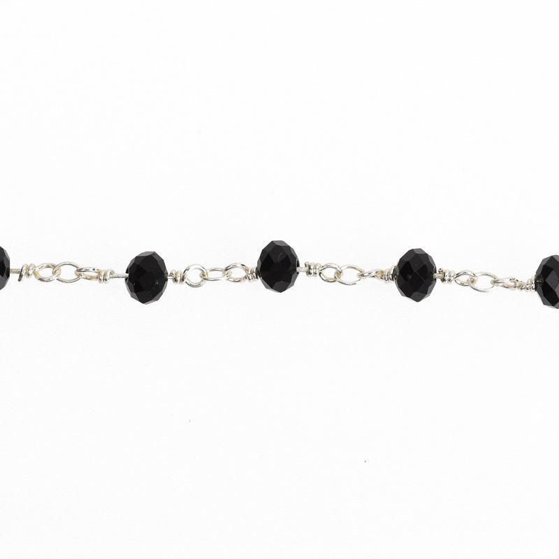 10 yards BLACK Crystal Rondelle Rosary Chain, silver double wrap, 6mm faceted rondelle opaque glass beads, fch0644b