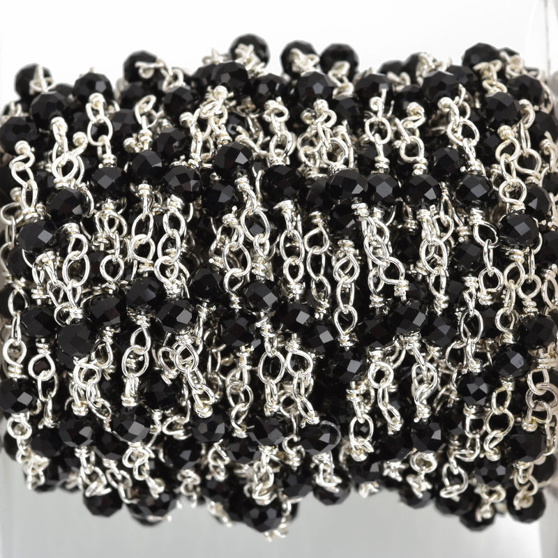 3 ft BLACK Crystal Rondelle Rosary Chain, silver double wrap, 4mm faceted rondelle opaque glass beads, fch0645a