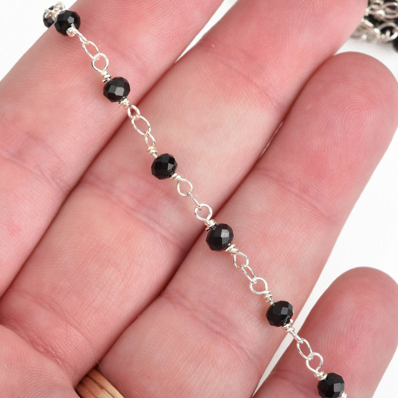 3 ft BLACK Crystal Rondelle Rosary Chain, silver double wrap, 4mm faceted rondelle opaque glass beads, fch0645a