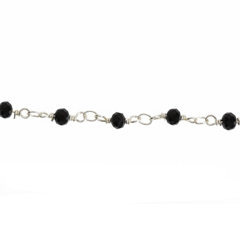 3 ft BLACK Crystal Rondelle Rosary Chain, silver double wrap, 4mm faceted rondelle opaque glass beads, fch0645a