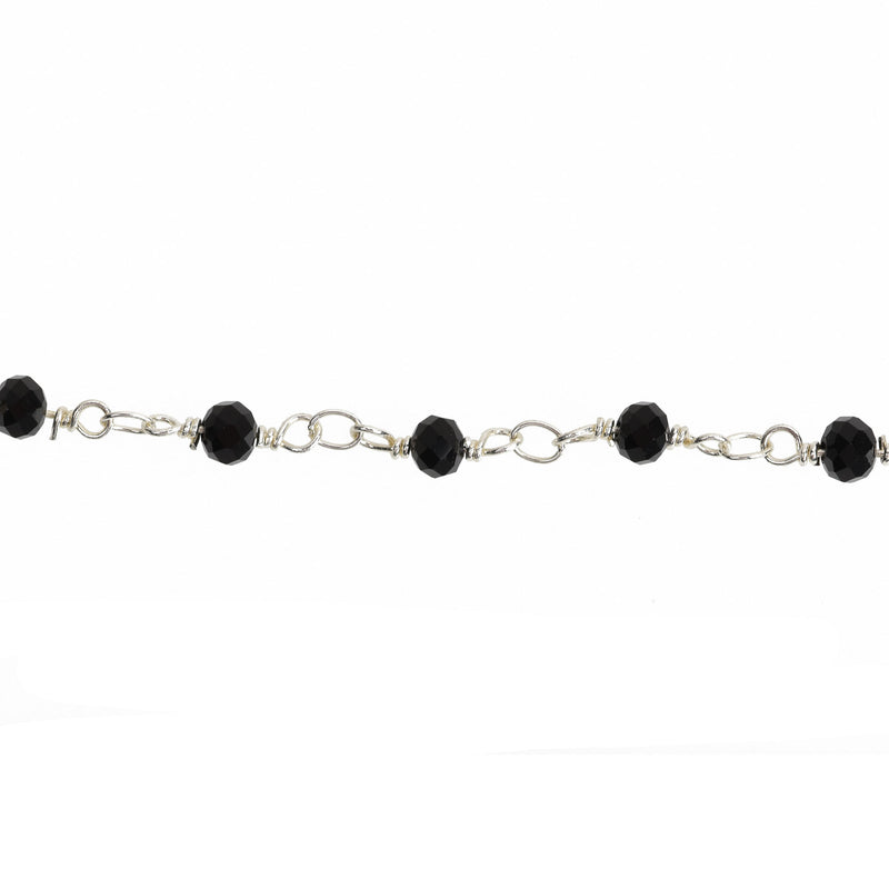 10 yards BLACK Crystal Rondelle Rosary Chain, silver double wrap, 4mm faceted rondelle opaque glass beads, fch0645b