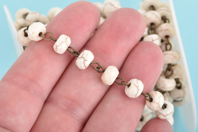 1 yard WHITE Howlite Rosary Chain, bronze wire links, 8mm RONDELLE stone bead chain, fch0646a