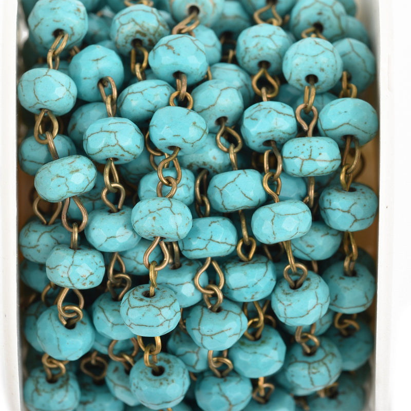 1 yard TURQUOISE BLUE Howlite Rosary Chain, bronze wire links, 8mm RONDELLE stone bead chain, fch0647a