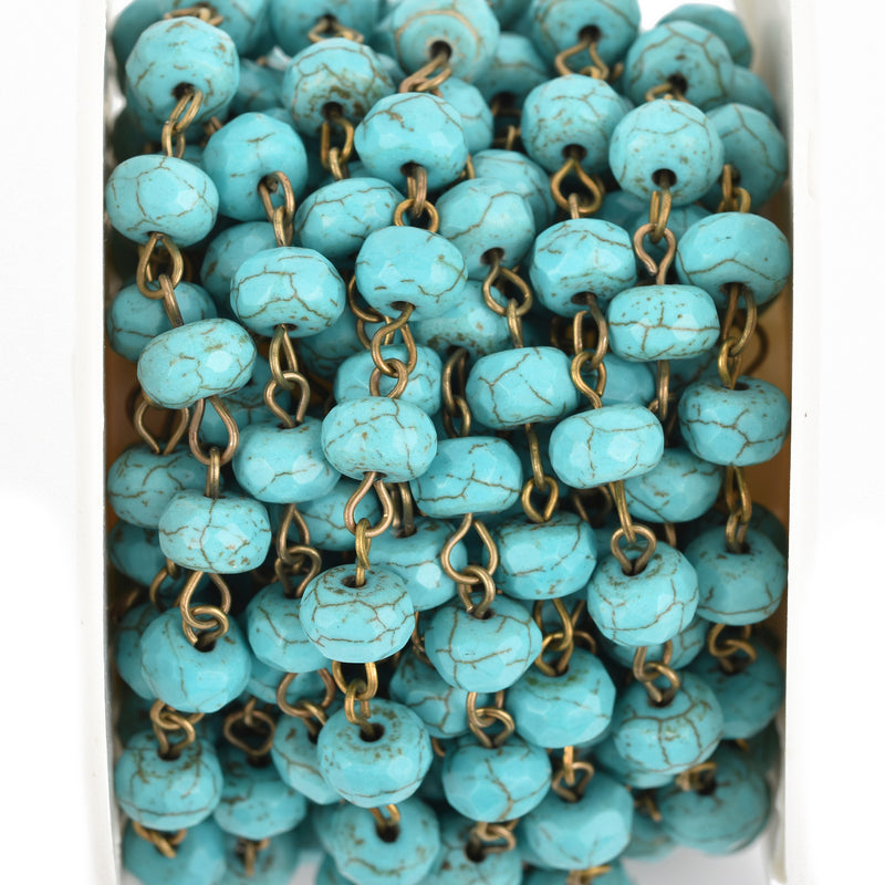 1 yard TURQUOISE BLUE Howlite Rosary Chain, bronze wire links, 8mm RONDELLE stone bead chain, fch0647a