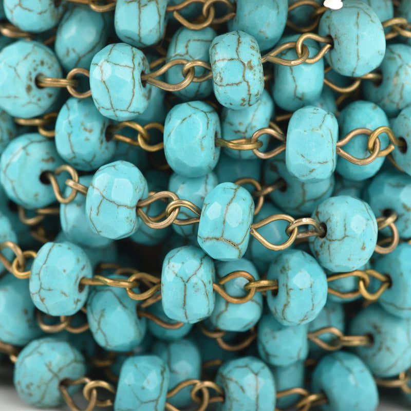 1 yard TURQUOISE BLUE Howlite Rosary Chain, bronze wire links, 8mm RONDELLE stone bead chain, fch0647a