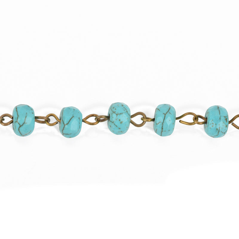 1 yard TURQUOISE BLUE Howlite Rosary Chain, bronze wire links, 8mm RONDELLE stone bead chain, fch0647a